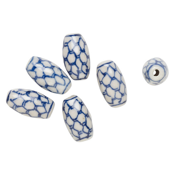 Bead, porcelain, blue and white, 16x8mm-17x9mm oval with scale design. Sold per pkg of 6. image number 0