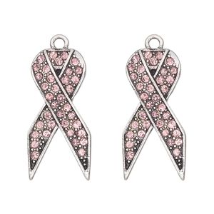 Charm, antique silver-finished "pewter" (zinc-based alloy) and glass, pink, 27x13mm single-sided awareness ribbon. Sold per pkg of 2.