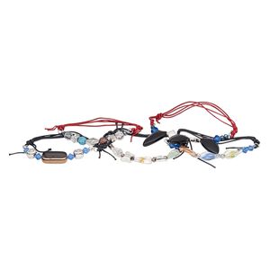 Bracelet mix, waxed cotton cord / glass / silver-finished steel / gold- / silver-coated acrylic, multicolored, 4mm-30x20mm mixed shape, adjustable from 7-1/2 to 9 inches with slip knot closure. Sold per pkg of 5.