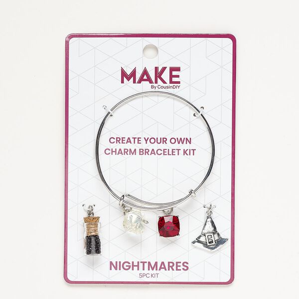 Bracelet and charm assortment, antique silver-finished brass / glass / cork, red / clear AB / black, Nightmares theme, 7-1/2 inches. Sold per 5-piece set. image number 0