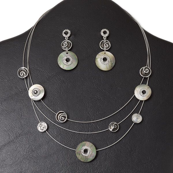 Necklace and earring set, 3-strand, antique silver-plated "pewter" (zinc-based alloy) and steel / glass rhinestone / enamel / black lip shell (natural), open flat round, 15" to 16" necklace with lobster claw clasp and 3-inch extender chain, 1-3/4 inch earring with post. Sold per set. image number 0
