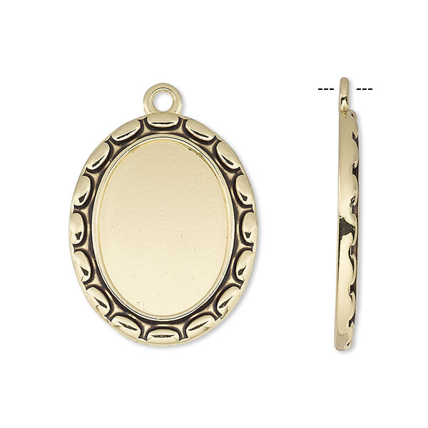 Drop, antique gold-finished "pewter" (zinc-based alloy), 25x20mm oval with oval edge and 18x13mm oval setting. Sold per pkg of 6. image number 0