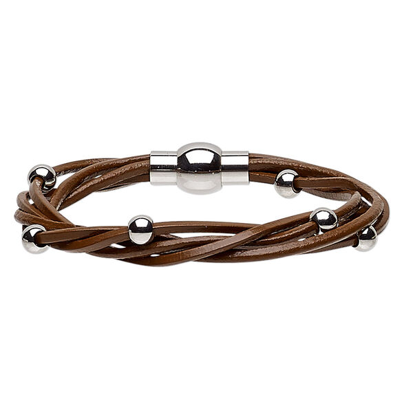 Bracelet, 5-strand, leather (dyed) and stainless steel, brown, 8mm wide twisted with 5mm round, 6-1/2 inches with magnetic clasp. Sold individually. image number 0