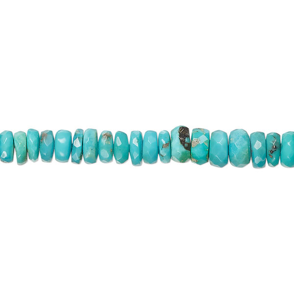 Bead, turquoise (dyed / stabilized), blue-green, 4x1mm-6x3mm graduated faceted rondelle with 0.5-1.5mm hole, C+ grade, Mohs hardness 5 to 6. Sold per 17-inch strand. image number 0