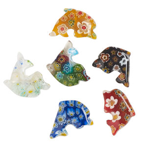 Bead, millefiori glass, translucent multicolored, 18x17mm-25x20mm half-drilled dolphin. Sold per pkg of 6.