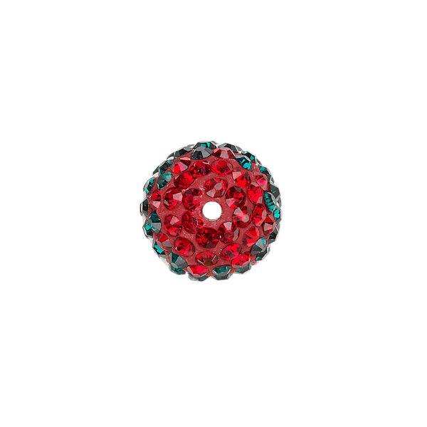 Bead, Egyptian glass rhinestone / epoxy / resin, green / white / red, 14mm round with pav&eacute; wave design. Sold individually. image number 1