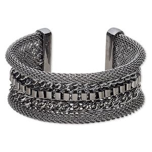 Bracelet, cuff, gunmetal-plated brass and steel, 34mm wide curved band with mesh design, adjustable from 6-1/2 to 7 inches. Sold individually.