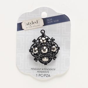 Focal, glass with black-finished steel and "pewter" (zinc-based alloy), black and metallic silver, 42x42mm diamond with hidden loop. Sold individually.