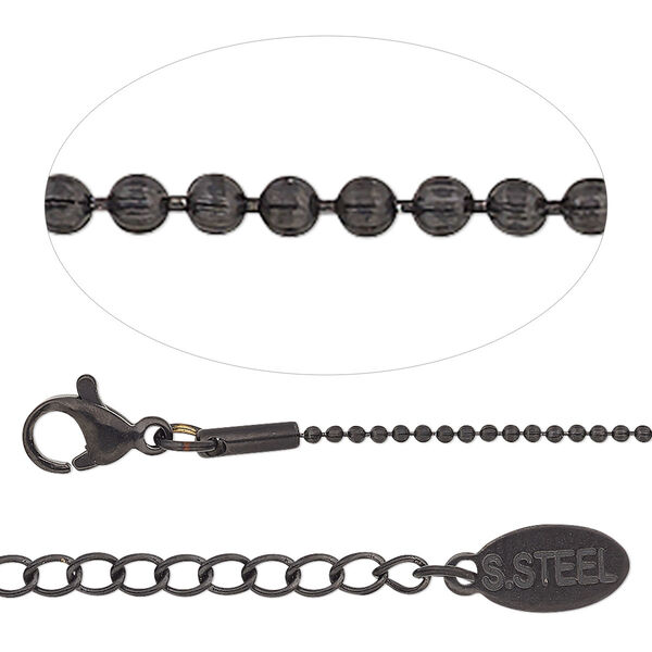 Chain, black-finished stainless steel, 1.2mm ball, 20 inches with 2-inch extender chain and lobster claw clasp. Sold individually. image number 0