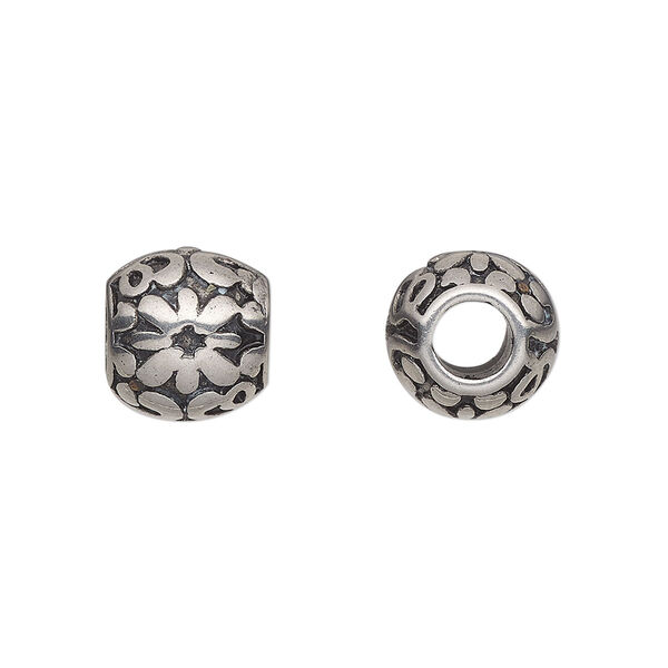 Bead, stainless steel, 10.5mm round with flower. Sold individually. image number 0