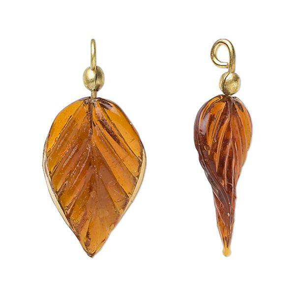 Drop, glass with brass loop, amber yellow, 24x15mm leaf. Sold per pkg of 12. image number 0