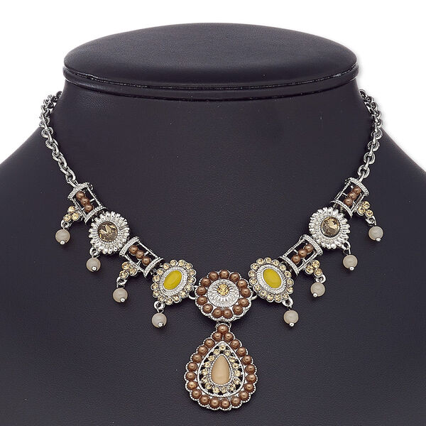 Necklace, glass rhinestone / resin / cat's eye glass / antique silver-coated plastic / antique silver-plated steel / "pewter" (zinc-based alloy), multicolored, teardrop, 16 inches with 2-1/2 inch extender chain and lobster claw clasp. Sold individually. image number 0