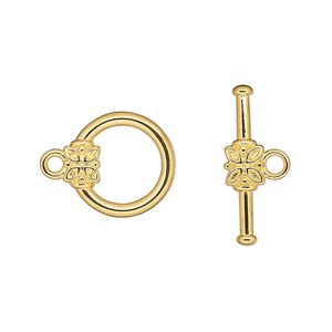 Clasp, toggle, gold-plated "pewter" (zinc-based alloy), 14mm round with flower. Sold per pkg of 10.