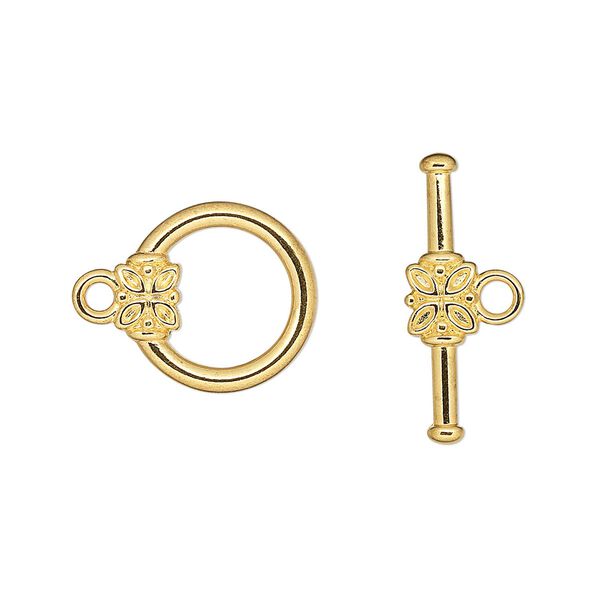 Clasp, toggle, gold-plated "pewter" (zinc-based alloy), 14mm round with flower. Sold per pkg of 10. image number 0