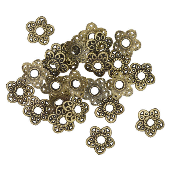 Bead cap, antique brass-finished "pewter" (zinc-based alloy), 11x4mm-12x4mm flower with rope edge, fits 10-12mm beads. Sold per pkg of 24. image number 0