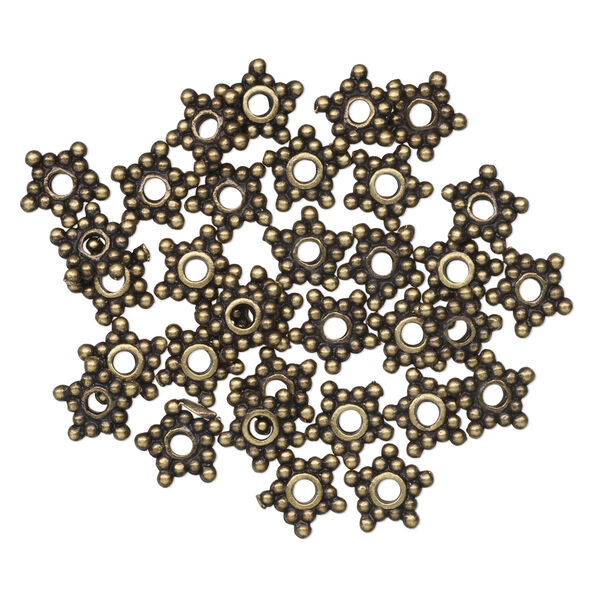 Bead, antique brass-plated pewter (tin-based alloy), 7x1mm star rondelle. Sold per pkg of 30. image number 0