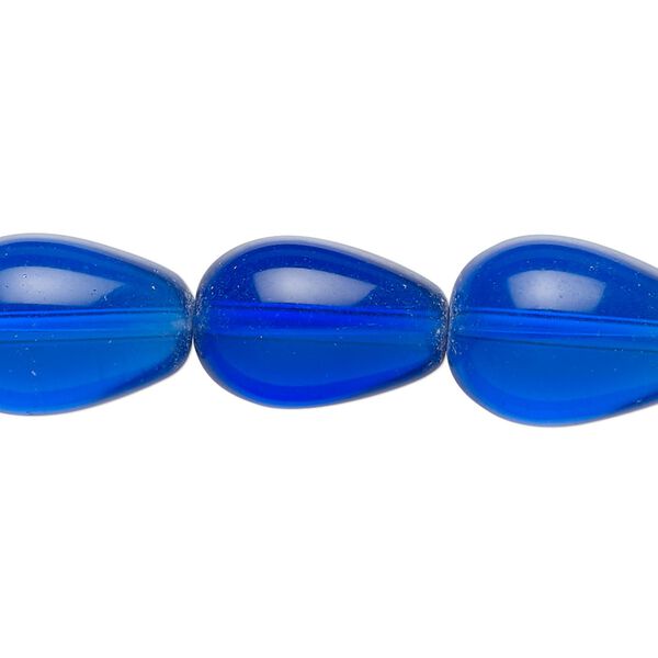 Bead, glass, transparent cobalt blue, 17x11mm-18x13mm teardrop. Sold per 15-1/2" to 16" strand. image number 0