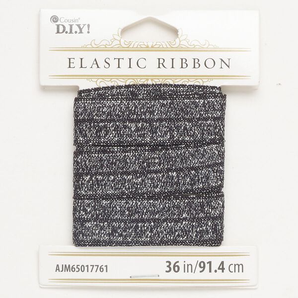 Ribbon 1pkg1 elastic, black and silver, 15-16mm textured flat, 36-inch section. image number 0