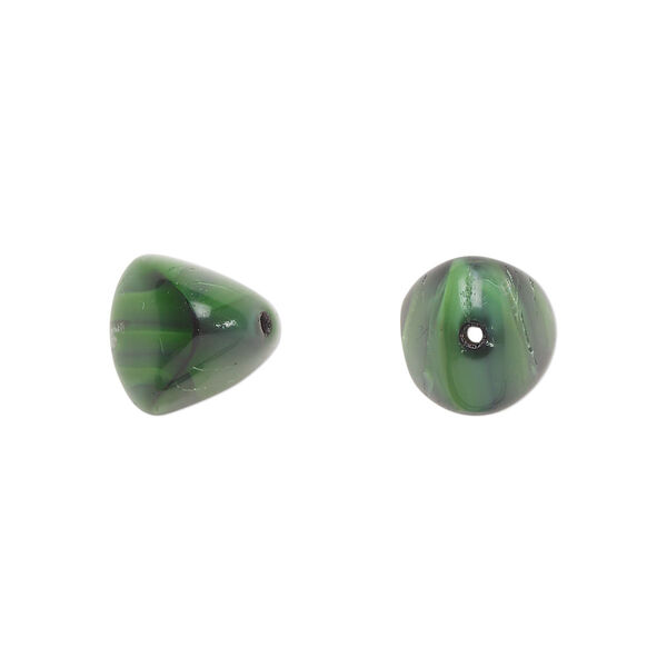 Bead, Czech pressed glass, green/black, 11x10 trigon. Sold per 15-1/2" to 16" strand. image number 0