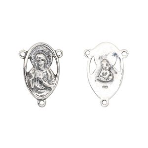 Connector, antiqued sterling silver, 17x11mm oval "Sacred Heart" rosary center. Sold individually.