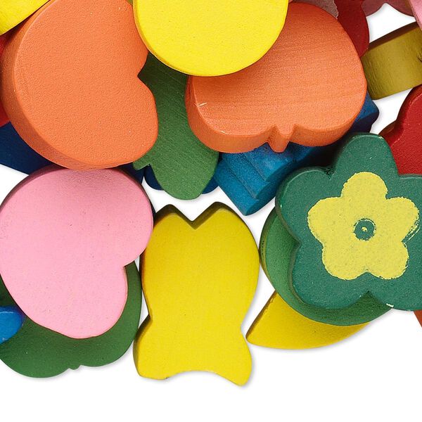 Focal / drop / bead mix, painted wood, mixed colors, 9mm-60x50mm mixed shape. Sold per 1/4 pound pkg, approximately 150 pieces. image number 0