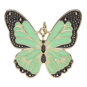 Focal, gold-finished brass and enamel, gold / green / black, 39x35mm single-sided butterfly with jump ring. Sold individually.
