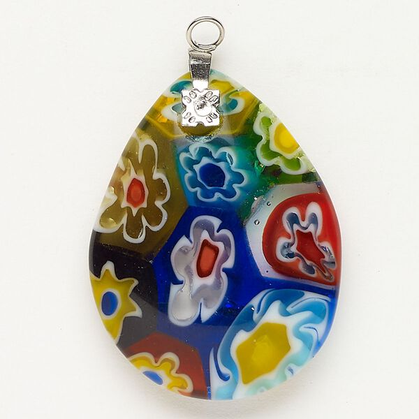 Focal 1pkg1 silver-finished steel and millefiori glass, translucent and transparent clear and multicolored, 35x25mm-36x28mm puffed teardrop. image number 0