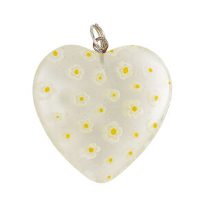 Focal 1pkg1, silver-finished steel / millefiori glass, transparent / translucent clear / yellow / white, 29-31mm puffed heart.