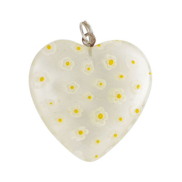 Focal 1pkg1, silver-finished steel / millefiori glass, transparent / translucent clear / yellow / white, 29-31mm puffed heart. image number 0