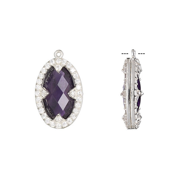 Drop, amethyst (natural) / cubic zirconia / sterling silver, clear, 18x12mm double-sided faceted oval. Sold individually. image number 0