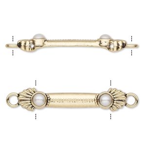 Link, acrylic pearl and antique gold-finished "pewter" (zinc-based alloy), white, 36x7mm double-drilled bar with shell design, fits up to 25.5mm bead. Sold per pkg of 10.