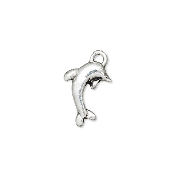 Charm, antique silver-finished "pewter" (zinc-based alloy), 16x12mm dolphin. Sold per pkg of 10. image number 0