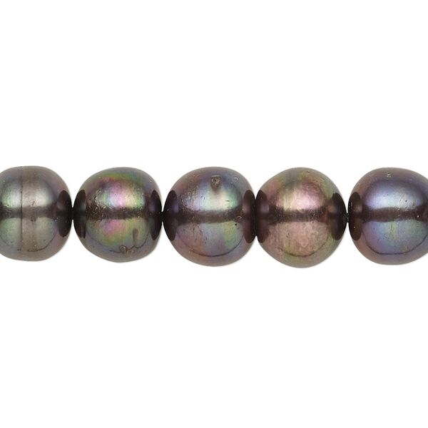 Pearl, cultured freshwater (dyed), peacock, 8-10mm semi-round with 0.4mm hole, C grade, Mohs hardness 2-1/2 to 4. Sold per 15-inch strand. image number 0