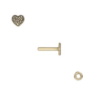 Washer and brad, antiqued brass, 4x0.7mm and 10x6mm with 6x5mm heart with line design and 1.5mm post. Sold per pkg of (2) 2-piece sets.