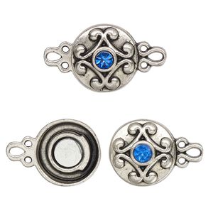 Clasp magnetic 1pkg2 "pewter" (zinc alloy), 12mm double-sided round, antique silver-finished / blue rhinestone 1-strand