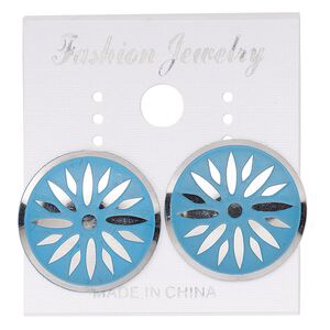 Earstud, stainless steel, blue patina, 20mm round with starburst design. Sold per pair.