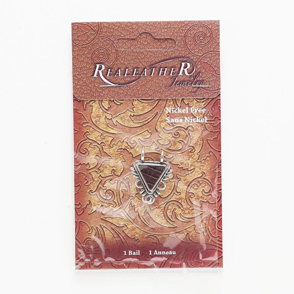 Drop, leather and antiqued silver-finished "pewter" (zinc-based alloy), dark brown, 23x23x21mm triangle with 3 loops. Sold individually. image number 0