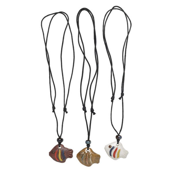 Necklace, porcelain and waxed cotton cord (dyed), multicolored, 41x33mm-41x34mm single-sided hand-painted textured fish, adjustable 16 to 32 inches. Sold per pkg of 3. image number 0