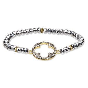 Bracelet, glass / glass rhinestone / gold-finished "pewter" (zinc-based alloy), black hematite and clear, 4x3mm faceted rondelle and 18mm round with cutout clover, 6 inches. Sold individually.