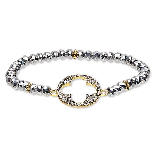 Bracelet, glass / glass rhinestone / gold-finished "pewter" (zinc-based alloy), black hematite and clear, 4x3mm faceted rondelle and 18mm round with cutout clover, 6 inches. Sold individually. image number 0