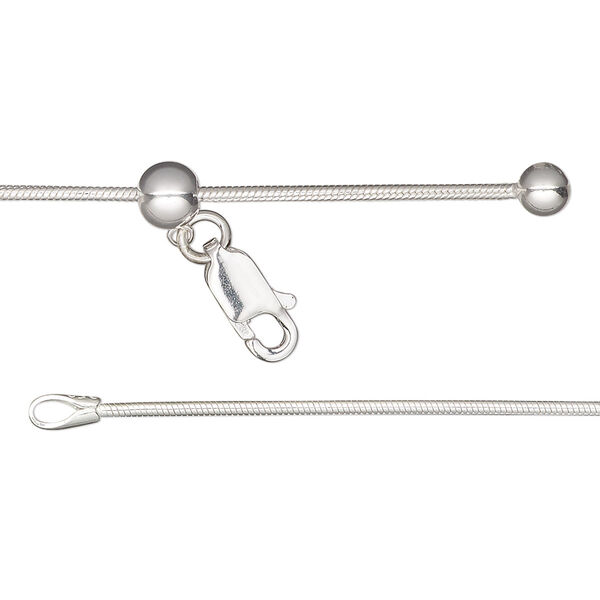 Chain, Gossamer™, sterling silver and silicone, 1.1mm snake chain with 4mm ball and 5mm adjustable slider bead, adjustable from 16 to 24 inches with lobster claw clasp. Sold individually. image number 0