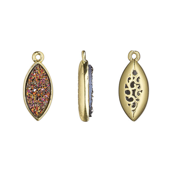 Drop, Druzylite™, "druzy" (resin) and gold-finished brass, metallic purple, 16x8mm two-sided marquise with open filigree back. Sold per pkg of 4. image number 0