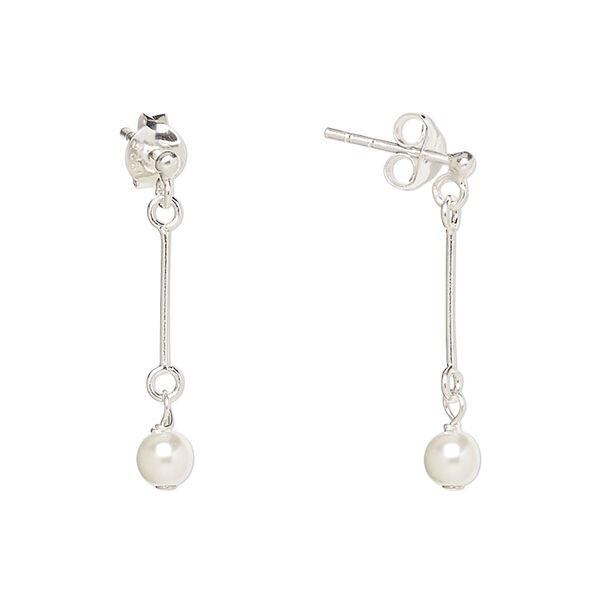 Earstud, Create Compliments®, sterling silver and glass pearl, white, 25.5mm. Sold per pair. image number 0