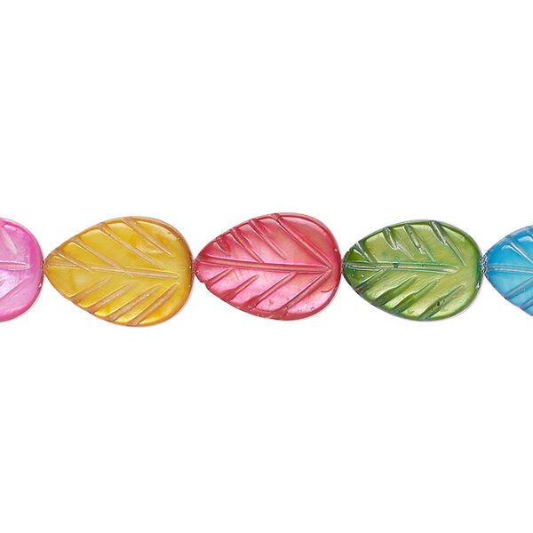 Bead, freshwater pearl shell (dyed), mixed colors, 12x8mm carved hand-carved leaf, Mohs hardness 3-1/2. Sold per 15-1/2" to 16" strand. image number 0