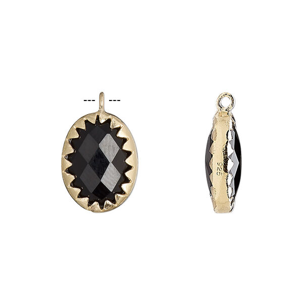 Drop, black onyx (dyed) and gold-finished sterling silver, 15x11mm double-sided faceted oval. Sold individually. image number 0