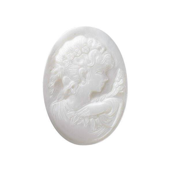 Cabochon, mother-of-pearl shell (natural), 30x22mm calibrated carved oval cameo with woman, Mohs hardness 3-1/2. Sold individually. image number 0