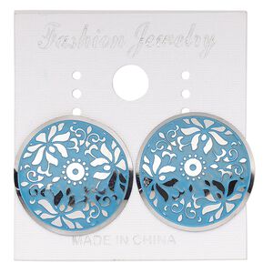 Earstud, stainless steel, blue patina, 20mm round with lotus flower design. Sold per pair.