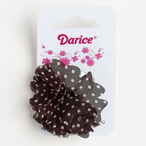 Ring, fabric and silver-finished steel, brown and white, 46x46mm-50x50mm flower with polka dots, adjustable. Sold individually.