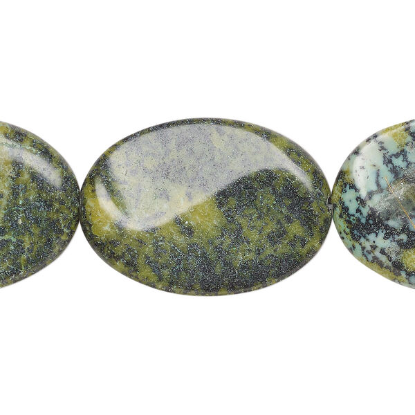 Bead, yellow "turquoise" (serpentine w/quartz), (dyed), 35x25mm-36x25mm twisted oval, C grade, Mohs hardness 2-1/2 to 6. Sold per 15-inch strand, approximately 10 beads. image number 0