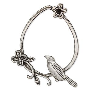 Focal, antique silver-plated "pewter" (zinc-based alloy), 48x40mm single-sided open teardrop with cutout bird and flower design. Sold per pkg of 2.